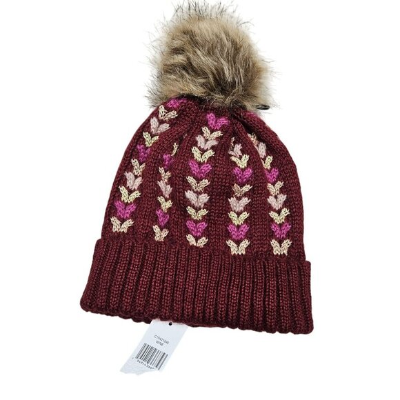 NWT Knitted Winter Beanie With Faux Fur Pom Pom‎ Burgundy Multicolor For Adults - Picture 1 of 4